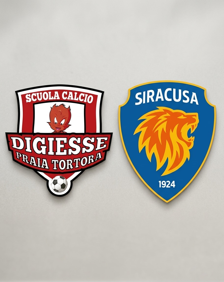 Stemmi ufficiali della Scuola Calcio Digiesse PraiaTortora e del Siracusa Calcio 1924 affiancati su sfondo chiaro.